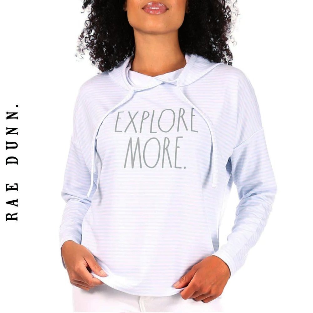 NWT Rae Dunn Ultra Soft Explore Print More Striped Sweatshirt Top  Hoodie